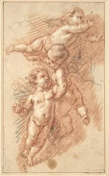 RECORD DATE NOT STATED  Anonym Three floating putti. Reddle and black chal... Stock Photos