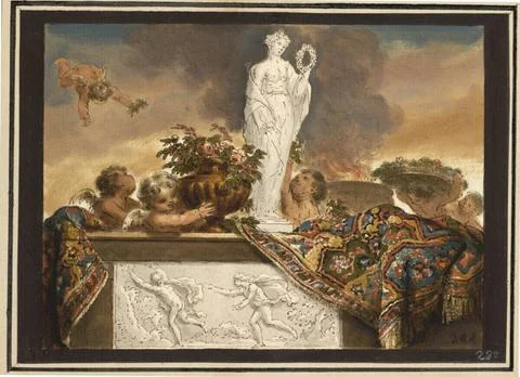 RECORD DATE NOT STATED  Arnold Houbraken Putti behind a parapet with a flo... Foto stock