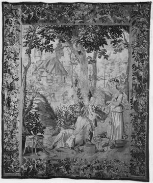 RECORD DATE NOT STATED  Bird-hunter with steward in landscape. unknown c. ... Stock Photos
