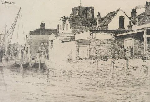 RECORD DATE NOT STATED  Buildings by the Thames at Chelsea prints, etching... Stock Photos