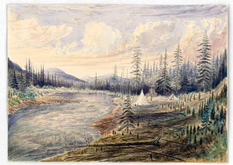 RECORD DATE NOT STATED  Camp on Flathead River (49th. parallel) looking up... Stock-Fotos
