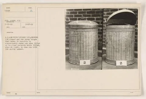 RECORD DATE NOT STATED  Caption: G.I. can with divided lid and strap hinge... Stock Photos
