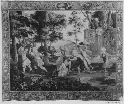 RECORD DATE NOT STATED  Children, wearing hats, playing in landscape. unkn... Foto stock
