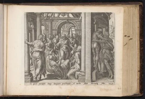 RECORD DATE NOT STATED  Christ heals the paralyzed man, Johannes Wierix, a... 스톡 사진