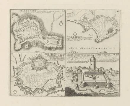 RECORD DATE NOT STATED  Cities and a castle in the county of Rousillon, 17... Stock Photos