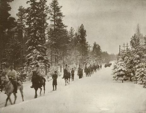 RECORD DATE NOT STATED A column in the forest where soldiers ski interpret... Stock Photos