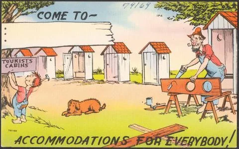 RECORD DATE NOT STATED Come to - accommodations for everybody! , Privies, ... Stock Photos