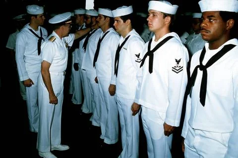 RECORD DATE NOT STATED A command personnel inspection takes place aboard t... Stock Photos