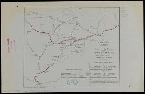RECORD DATE NOT STATED Comparative map of distances between Paris &amp; Cologn... Stock Photos