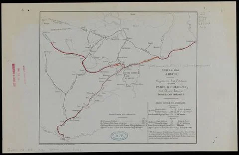 RECORD DATE NOT STATED Comparative map of distances between Paris &amp; Cologn... 스톡 사진