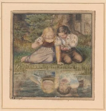 RECORD DATE NOT STATED  Couple of children over pond; Schall, Raphael (181... Fotos Stock