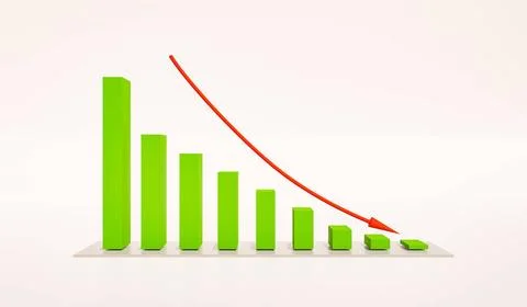 RECORD DATE NOT STATED Declining bar chart with arrow. Columns in green, a... Stock Photos