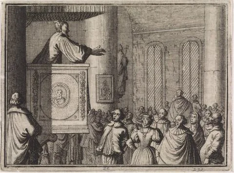 RECORD DATE NOT STATED  Devil addresses a crowd of people from a pulpit, C... Stock Photos