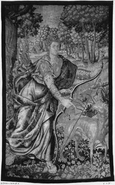 RECORD DATE NOT STATED  Diana stringing her bow. unknown c. 1600 Tapestry ... Stock Photos