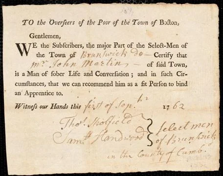 RECORD DATE NOT STATED Document of indenture: Servant: Bowman, Ebenezer. M... Stock Photos