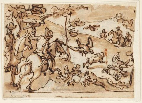 RECORD DATE NOT STATED Drawing, Hare Hunt with Falcons; Jan van der Straet... Stock Photos