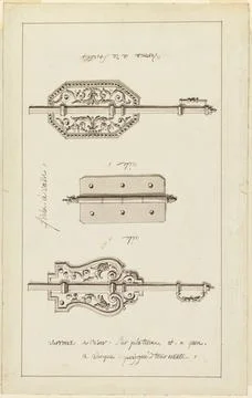 RECORD DATE NOT STATED Drawing, Designs of Bolts and a Hinge; Designed by ... Stock Photos