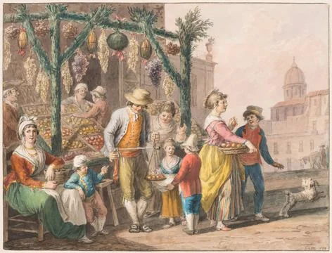 RECORD DATE NOT STATED Drawing, Water color; A fruit stall in Naples at Ch... Stock Photos
