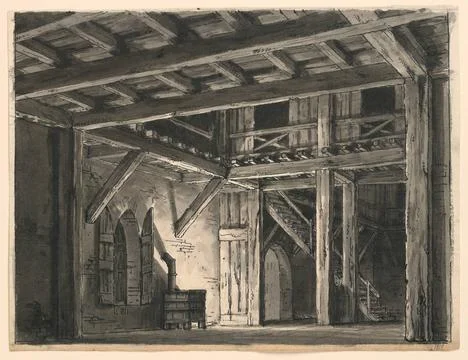 RECORD DATE NOT STATED Drawing, Stage Design, Interior of Barn; Designed b... Stock Photos