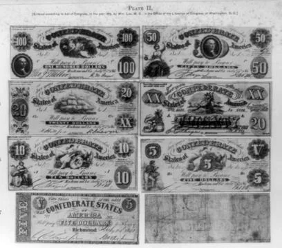 RECORD DATE NOT STATED Eight Confederate bills ranging in value from five ... Stock Photos