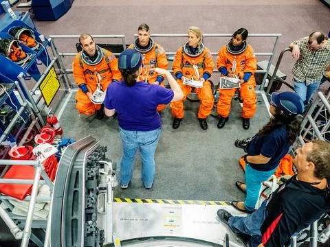 RECORD DATE NOT STATED  Engineers and astronauts conduct testing in a repr... Stock Photos