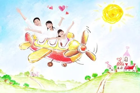 RECORD DATE NOT STATED Excited family flying in an airplane Beijing China ... Stock Photos