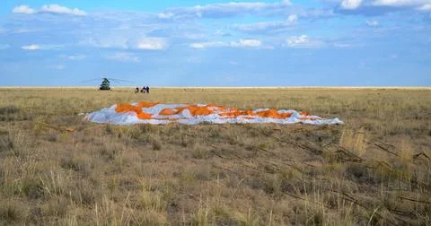 RECORD DATE NOT STATED  Expedition 69 Soyuz Landing. The parachute of the ... Stock Photos