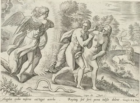 RECORD DATE NOT STATED  Expulsion from Paradise, 1643 print Adam and Eva a... Stock-Fotos