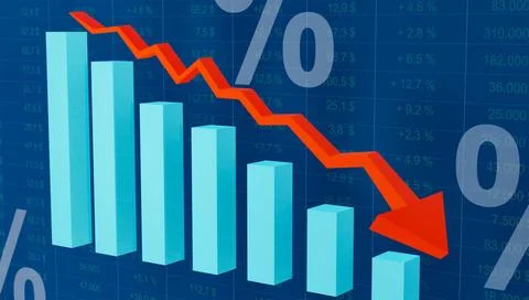 RECORD DATE NOT STATED Falling bar chart with red arrow. Decreased columns... Stockfoto's