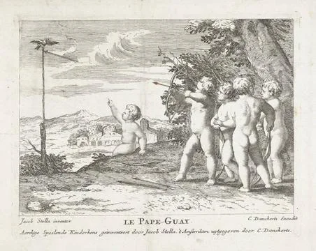 RECORD DATE NOT STATED  Five putti shoot with arrow and arch on parrot, Co... Stock Photos