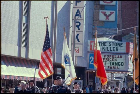 RECORD DATE NOT STATED Flag bearers, parade, Tremont Street, Boston , Para... 스톡 사진