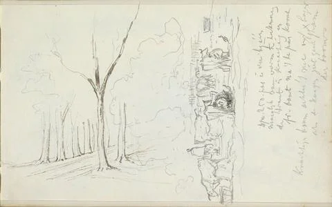 RECORD DATE NOT STATED  Forest path and figures that milk and feed cows, 1... Stock Photos