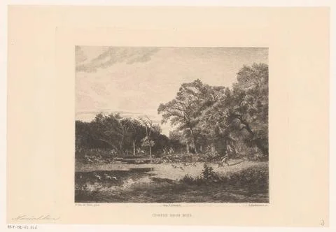 RECORD DATE NOT STATED  Forestship with a hunting scene, LÃ opold Desbross.. Stock Photos