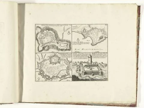 RECORD DATE NOT STATED  Four cards from cities in Rousillon, ca. 1701-1713... Stock Photos