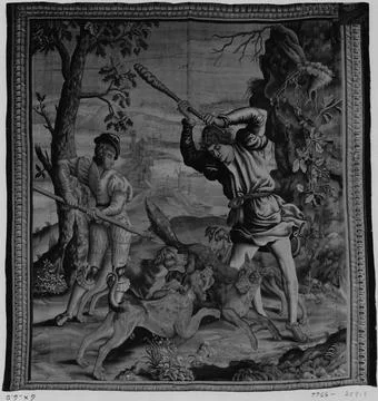 RECORD DATE NOT STATED  Fox hunt. unknown c. 1700-1750 Tapestry Dimensions... Stock Photos