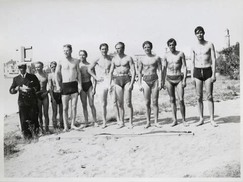 RECORD DATE NOT STATED  Group portfolio of conscripts in swimwear.The sold... Fotos de archivo