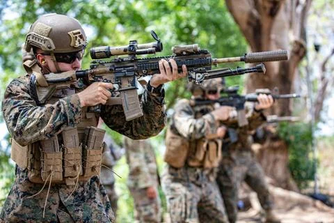 RECORD DATE NOT STATED  A group of U.S. Marines fires their M27 Infantry A... 写真素材