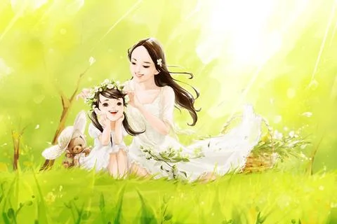 RECORD DATE NOT STATED Happy Chinese mother and daughter sitting on grass ... Stock Photos