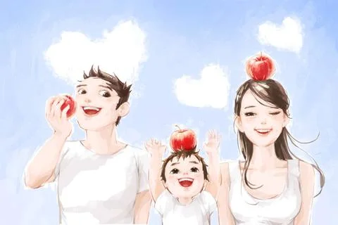 RECORD DATE NOT STATED Happy Chinese family with red apples Beijing China ... Stock Photos