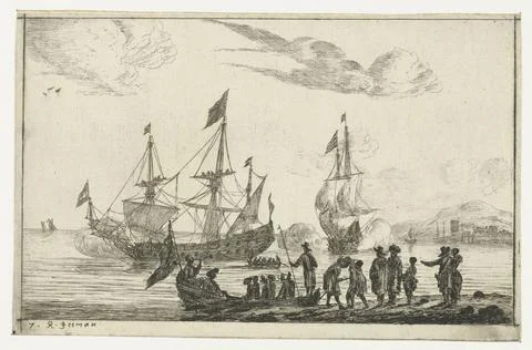 RECORD DATE NOT STATED  Harbor scene with a mirror sloop, Reinier Nooms, 1... Stock Photos