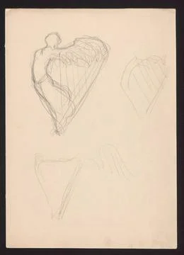 RECORD DATE NOT STATED  Harp sketches pushed on the wings of the music (a)... Stock Photos