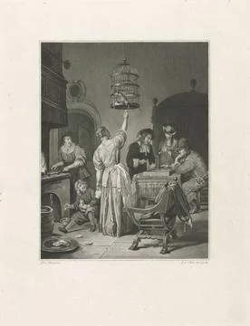 RECORD DATE NOT STATED  Interior with a woman who feeds a parrot, Johannes... Stock Photos