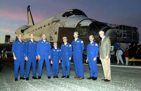 RECORD DATE NOT STATED  KENNEDY SPACE CENTER, FLA. -- Posing in front of o... Stock Photos