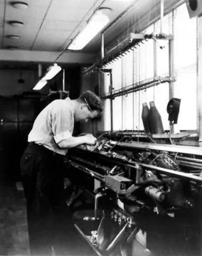 RECORD DATE NOT STATED The knitting machine is adjusted (Ottosson s textil... Stock Photos