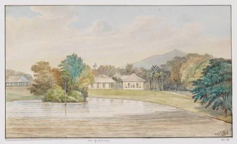 RECORD DATE NOT STATED  Landscape with house and pond, West-Java, Adrianus... Fotos Stock