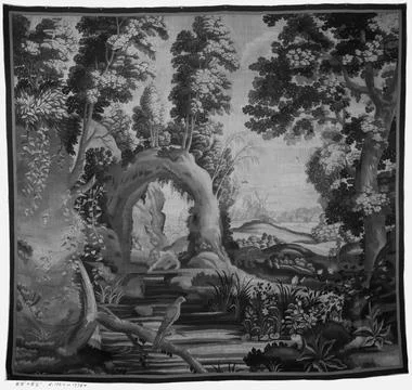 RECORD DATE NOT STATED  Landscape with lion beneath natural arch, parrot, ... Stock Photos