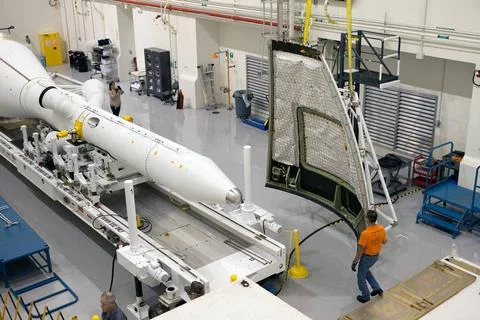 RECORD DATE NOT STATED  The launch abort system ogive panels are prepared ... Stock Photos