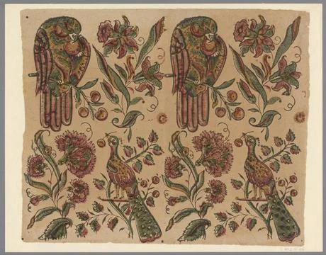 RECORD DATE NOT STATED  Leaf with alternating a bird (parrot and a peacock... Fotos de archivo