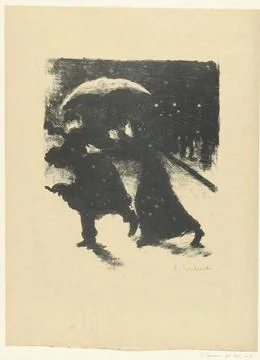 RECORD DATE NOT STATED  Man and Woman under umbrella in Snow at Evening, E... Stock Photos