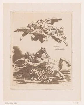 RECORD DATE NOT STATED  Man on prancing horse in water, two pointing angel... Stock Photos